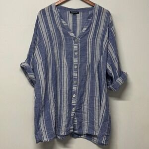 CZ Collection 3X Button Up Tunic Top Blue White Stripe Roll Tab Sleeve